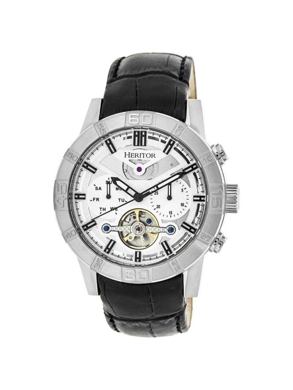 NWT Heritor Hannibal Silver Semi-Skeleton Dial Black Leather Men's Watch
